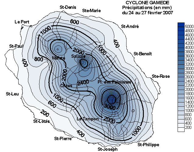 Cyclone Gamède, précipitations (en mm) du 24 au 27 février 2007.