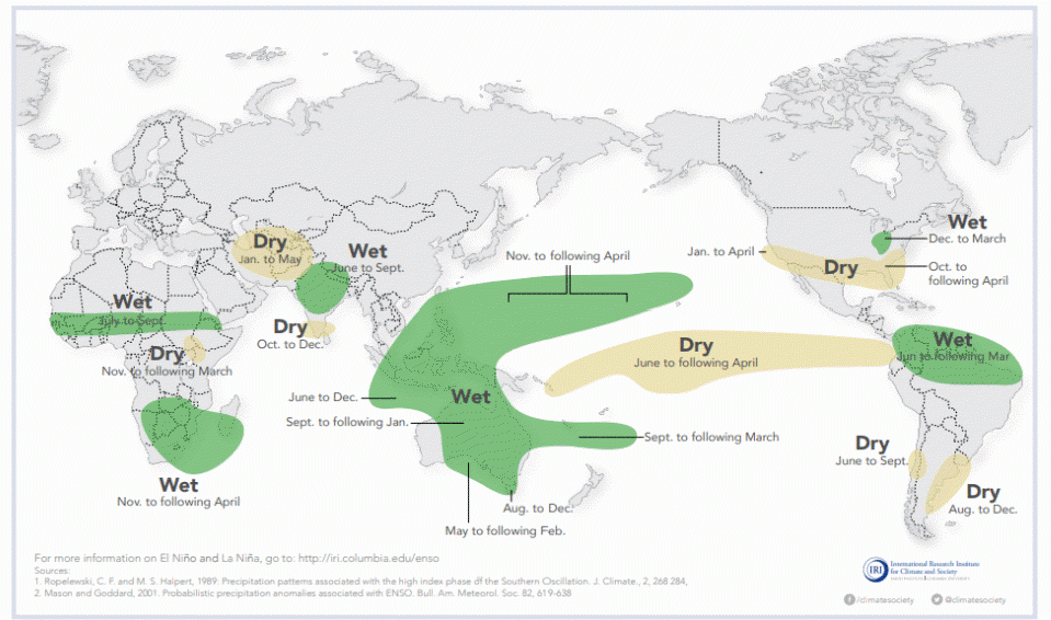 Carte des effets de l'ENSO sur les précipitations. © IRI.