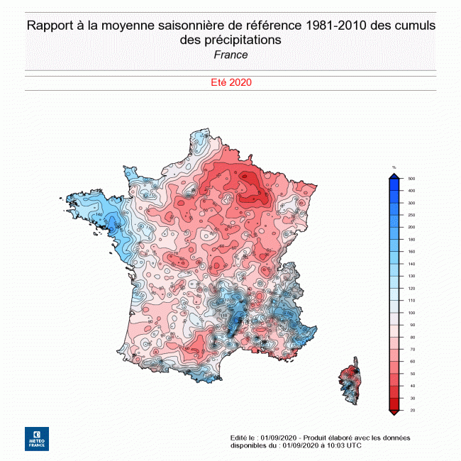 Rapport à la moyenne saisonnière des cumuls de précipitations en France - été 2020.  © Météo-France.