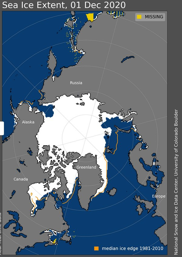L'extension de la banquise arctique au 1er décembre 2020