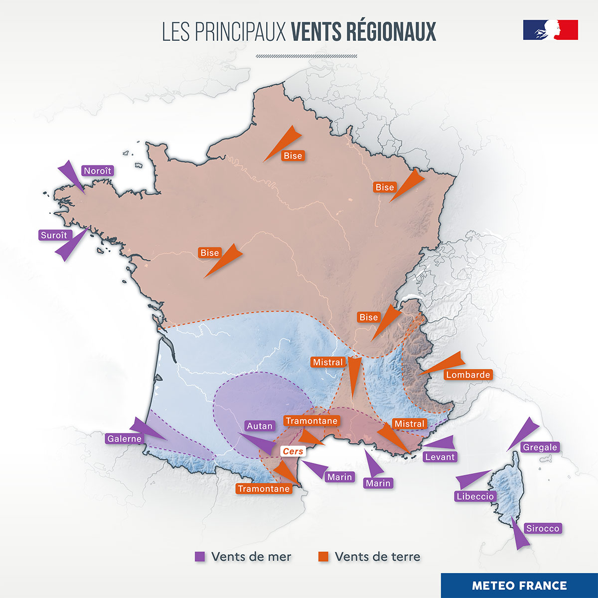 Les principaux vents régionaux - Crédit : Météo-France