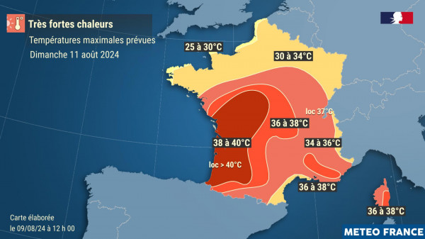 Températures prévues dimanche 11 août 2024