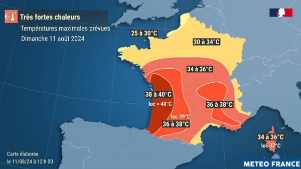 Températures prévues dimanche 11 août 2024