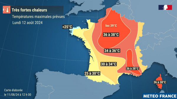 Températures prévues lundi 12 août 2024