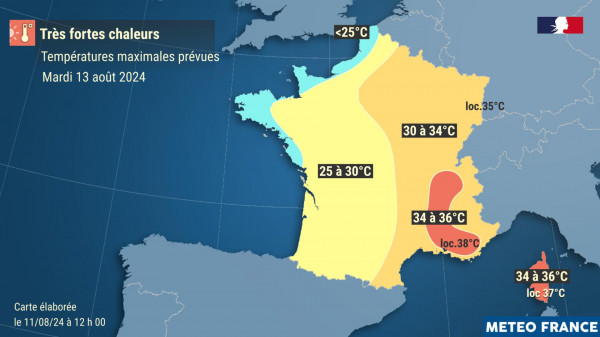 Températures prévues mardi 13 août 2024