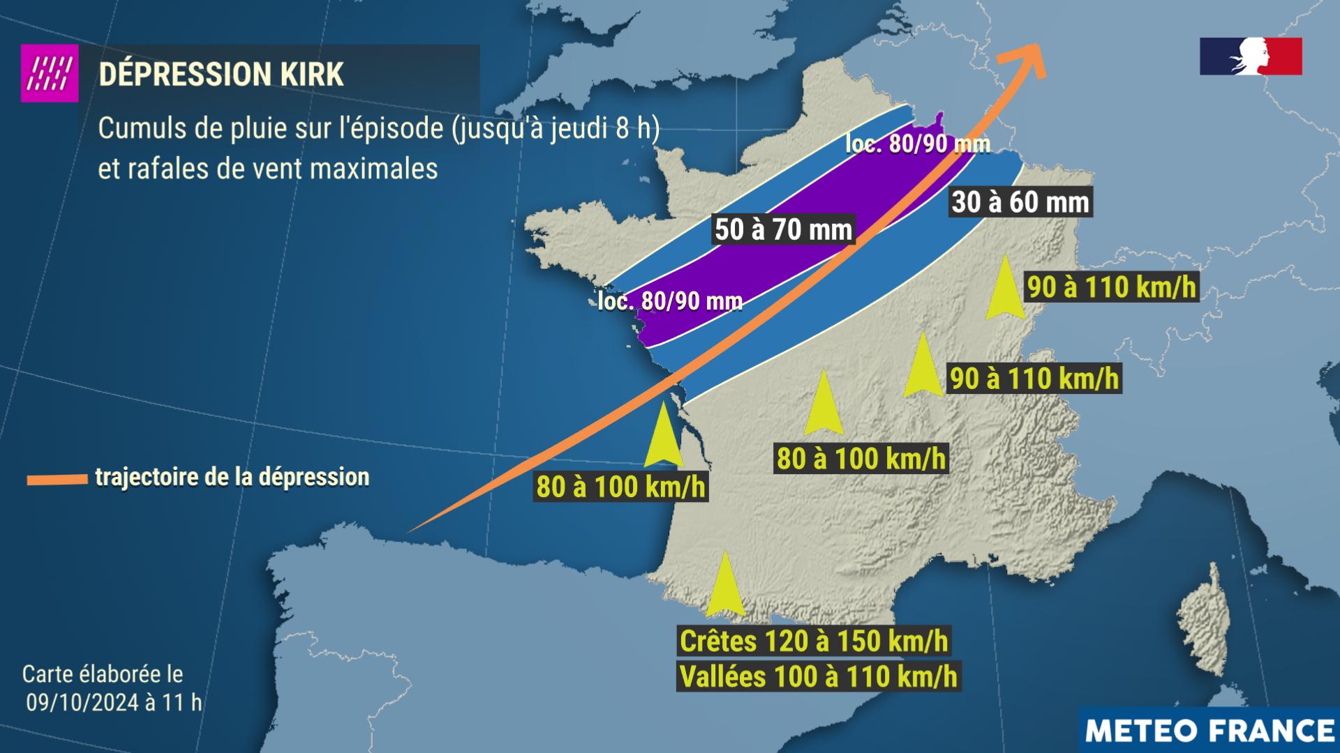 Cumuls de pluies et trajectoire prévue de la dépression Kirk les 9 et 10 septembre 2024