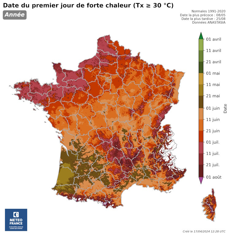 Date moyenne des premiers 30 °C sir la France © Météo-France 