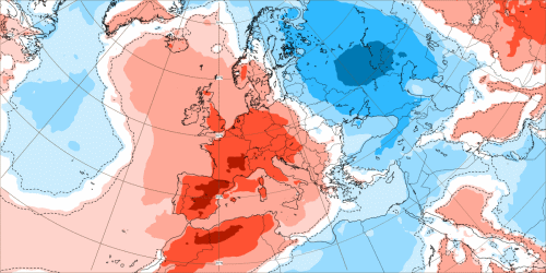 Anomalie de température à 2 mètres sur la semaine du 16 au 22 mai, modèle CEP.