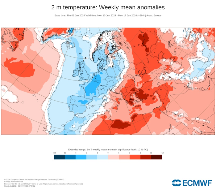 Prévision d’anomalie de température moyenne (/climatologie modèle ECMWF sur 20 ans) pour la semaine du 10 au 16 juin 2024 © ECMWF