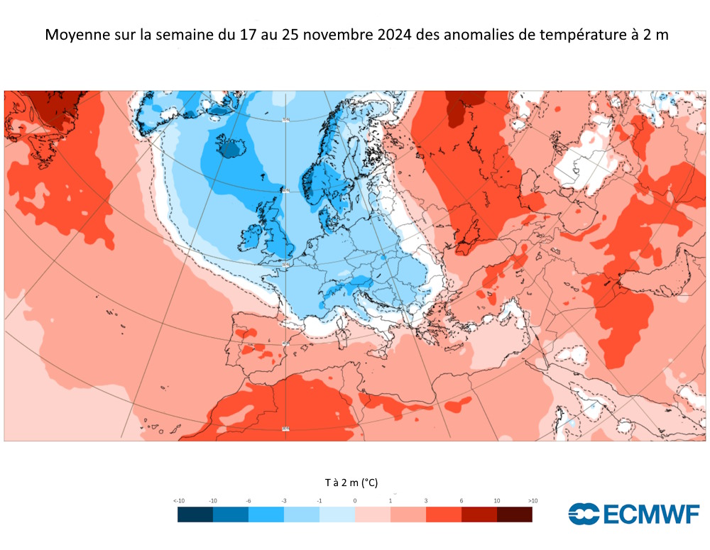 Anomalie des températures à 2 m - moyenne sur la semaine du 18 au 25 novembre 2024