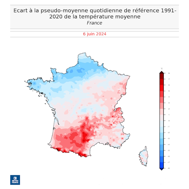 Écart à la température moyenne de référence (1991-2020) pour le 6 juin 2024. © Météo-France