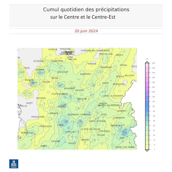Cumuls de pluie sur le Centre et le Centre-Est le 20 juin 2024 © Météo-France