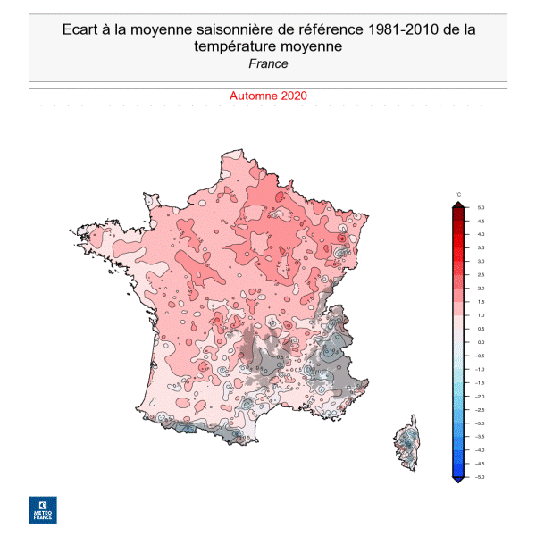 Ecart à la normale saisonnière de la température moyenne en France en automne 2020 - © Météo-France