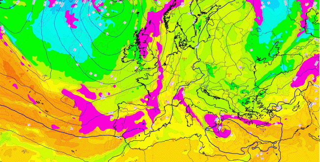 Pression réduite au niveau de la mer, humidité en altitude (700 hPa), et masse d’air (Theta’ W 850 hPa) prévues par le modèle CEP vendredi 29 octobre 2021 à 12 UTC © Météo-France