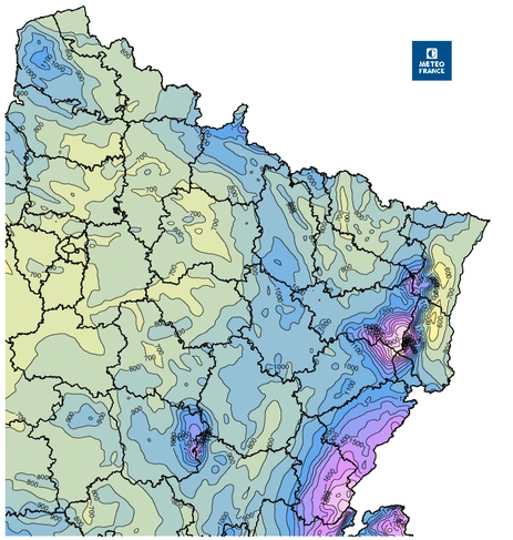 Cumul moyen annuel de précipitations sur le quart nord-est. © Météo-France