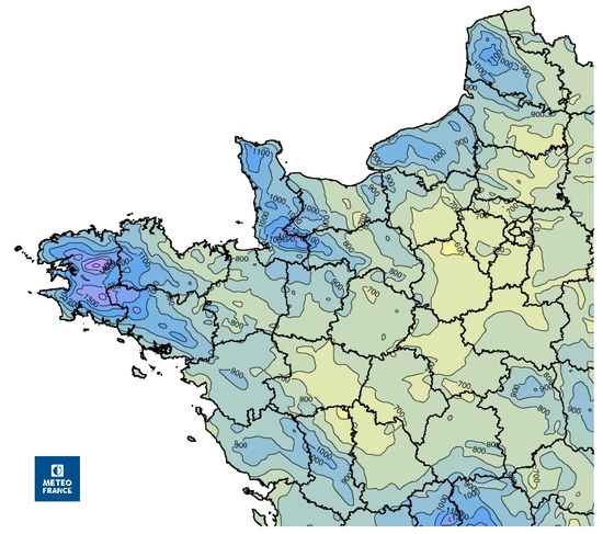 Cumul moyen annuel de précipitations sur le quart nord-ouest. © Météo-France