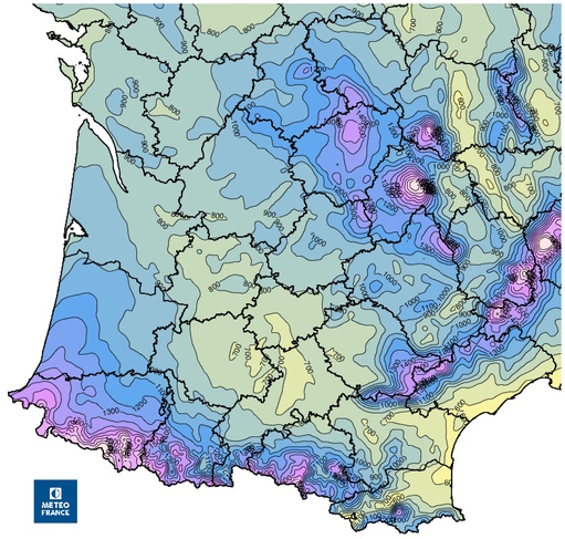 Cumul moyen annuel de précipitations sur le quart sud-ouest. © Météo-France