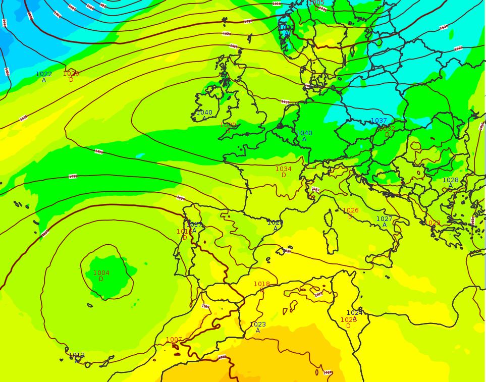 Pression au niveau de la mer et de la température à 850 hPa simulées par le modèle ARPEGE pour le jeudi 5 novembre à 12 UTC - © Météo-France