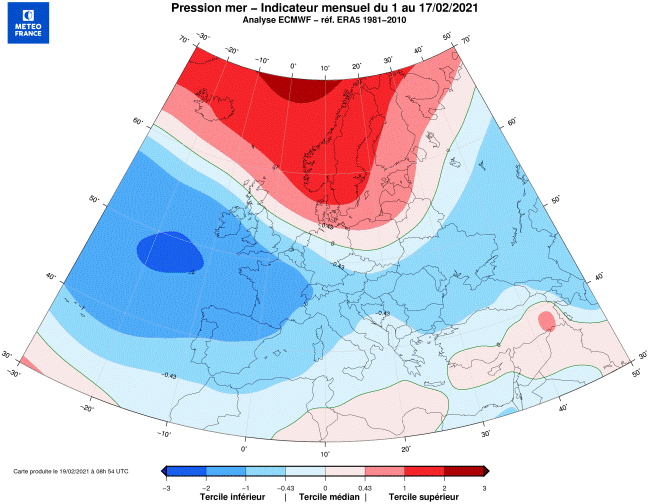 Moyenne de la pression réduite au niveau de la mer sur l'Europe du 1er au 17 février 2021 - © Modèle du Centre européen pour les prévisions météorologiques à moyen terme