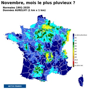 Rang du mois de novembre dans le classement des mois les plus pluvieux par station. © Météo-France