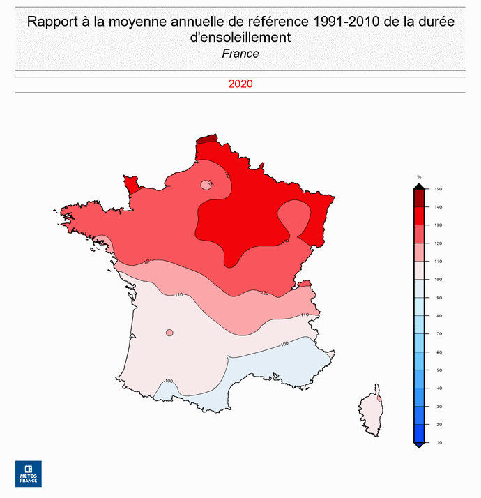 Rapport à la moyenne annuelle de la durée d'ensoleillement en France en 2020  - © Météo-France