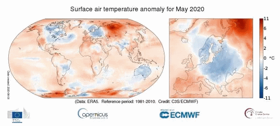 Anomalie de température de surface de l'air sur le globe et zoom sur l'Europe pour mai 2020 - © Copernicus