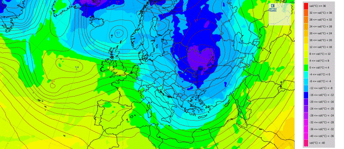 Géopotentiel à 500 hPa et température à 800 hPa mardi 19 janvier 2021 à 06 UTC - © Modèle du Centre européen pour les prévisions météorologiques à moyen terme, développé en partenariat avec Météo-France