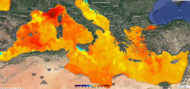 Anomalie de température de surface de la mer Méditerranée au 24 août 2022. © NOAA
