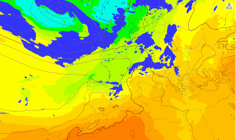 Animation de la pression réduite au niveau de la mer, de la température à 850 hPa et des pluies (en bleu) prévues les prochains jours - © Modèle du Centre européen pour les prévisions météorologiques à moyen terme, développé en partenariat avec Météo-France