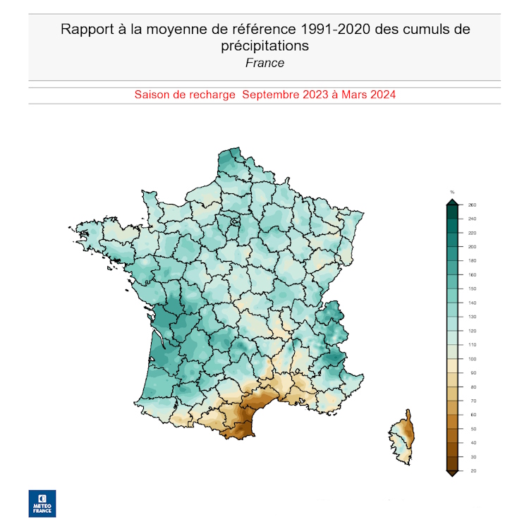 Rapport à la normale du cumul de précipitations du 1er septembre 2023 au 18 mars 2024 © Météo-France