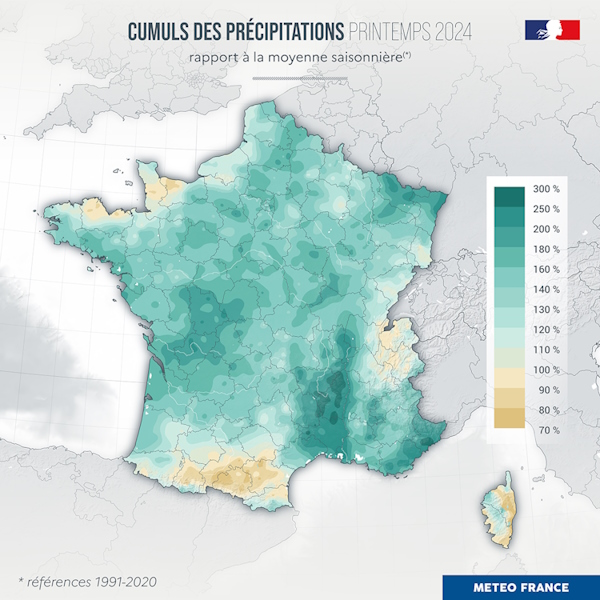 Rapport à la normale du cumul de précipitations, printemps 2024, France. © Météo-France