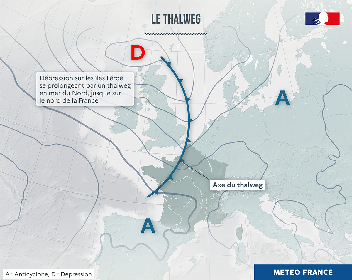 Dépression sur les îles Féroé se prolongeant par un thalweg en mer du Nord, jusque sur le nord de la France