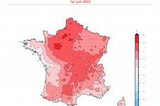 Anomalie de la température moyenne en degrés le 1er juin en 2003 - © Météo-France