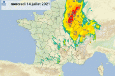 Lame d’eau radar et relevés du 14 juillet 2021seuillées à 10 mm - © Météo-France.