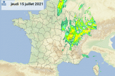 Lame d’eau radar et relevés du 15 juillet 2021seuillées à 10 mm - © Météo-France.