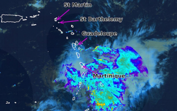 Image satellitaire et radar montrant BRET le 23/06/2023 à 08h UTC ou 04h00  en heure locale AST/ Antilles.