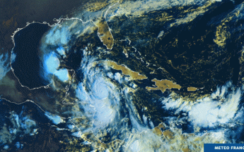 Image du satellite GOES le 6 octobre 2020 à 12 UTC, Delta est au sud de Cuba.