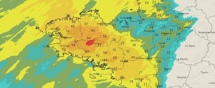 Lame d'eau et observations pluviométriques sur la Bretagne en 48 heures,  entre lundi 13 janvier 12 h et mercredi 15 janvier 2020 12 h. © Météo-France.