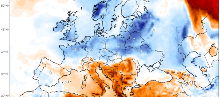 Anomalie de température à 2 m sur l'Europe le 14 mai 2020 à 6 UTC - © ClimateReanalyzer.org