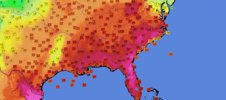 Chaleur sur le sud-est des USA - © Infoclimat / NASA