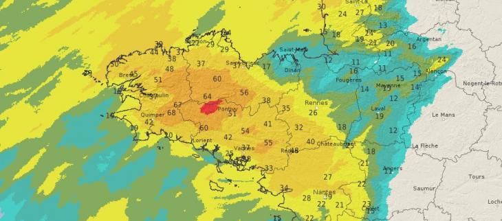 Lame d'eau et observations pluviométriques sur la Bretagne en 48 heures,  entre lundi 13 janvier 12 h et mercredi 15 janvier 2020 12 h. © Météo-France.