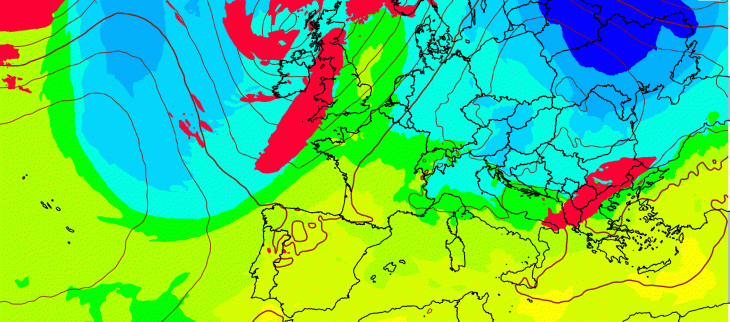  Pression réduite au niveau de la mer, de la température à 850 hPa et des précipitations (en rouge) prévues le dimanche 12 mars 2020 à 00 UTC © Modèle du Centre européen pour les prévisions météorologiques à moyen terme, développé en partenariat avec Météo-France.