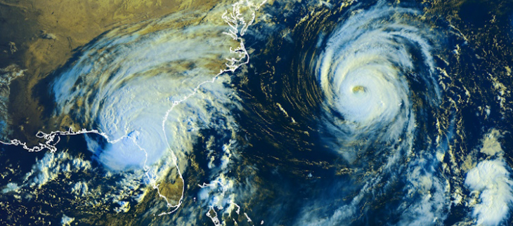 Image satellitale du mercredi 30 août 2023 à 12 UTC. On voit Idalia sur la Floride et Franklin plus à l'est. 