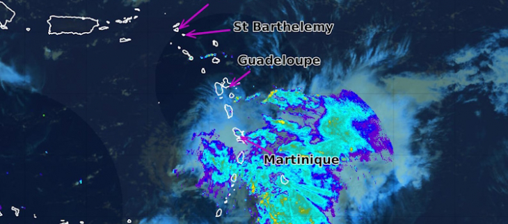 Image satellitaire et radar montrant BRET le 23/06/2023 à 08h UTC ou 04h00  en heure locale AST/ Antilles.
