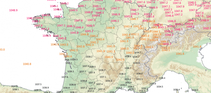 Pressions observées lundi 20 janvier 2020 à 11 h 30, heure à laquelle on mesure le record de 1049,7 hPa à Abbeville. © Météo-France.