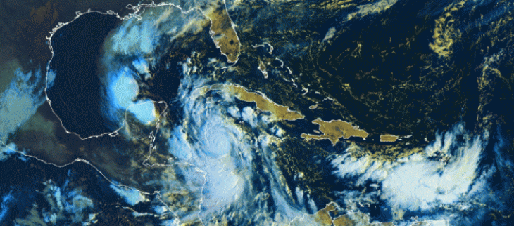 Image du satellite GOES le 6 octobre 2020 à 12 UTC, Delta est au sud de Cuba.