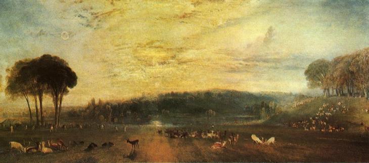 Le Lac Petworth : Coucher de soleil, combat de cerfs (vers 1829).