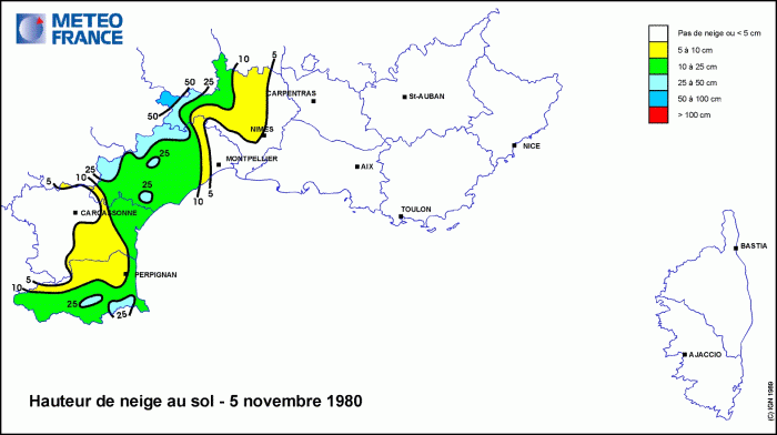 Hauteur de neige au sol sur le Sud-Est le 5 novembre 1980 - © Météo-France