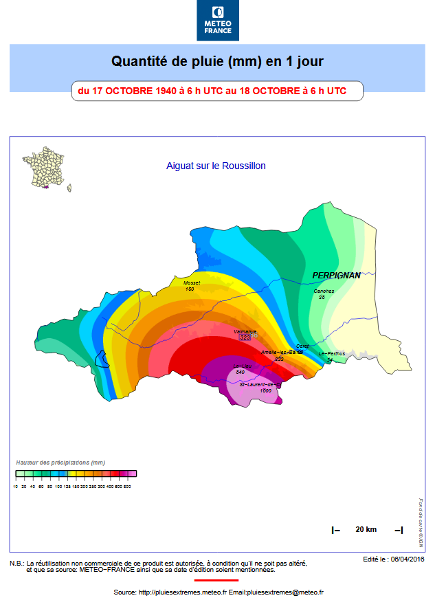 Cumul de pluie en 1 jour lors de l'aiguat du 17 et 18 octobre 1940
