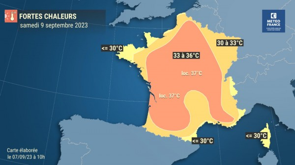 Températures maximales prévues samedi 9 septembre 2023. © Météo-France